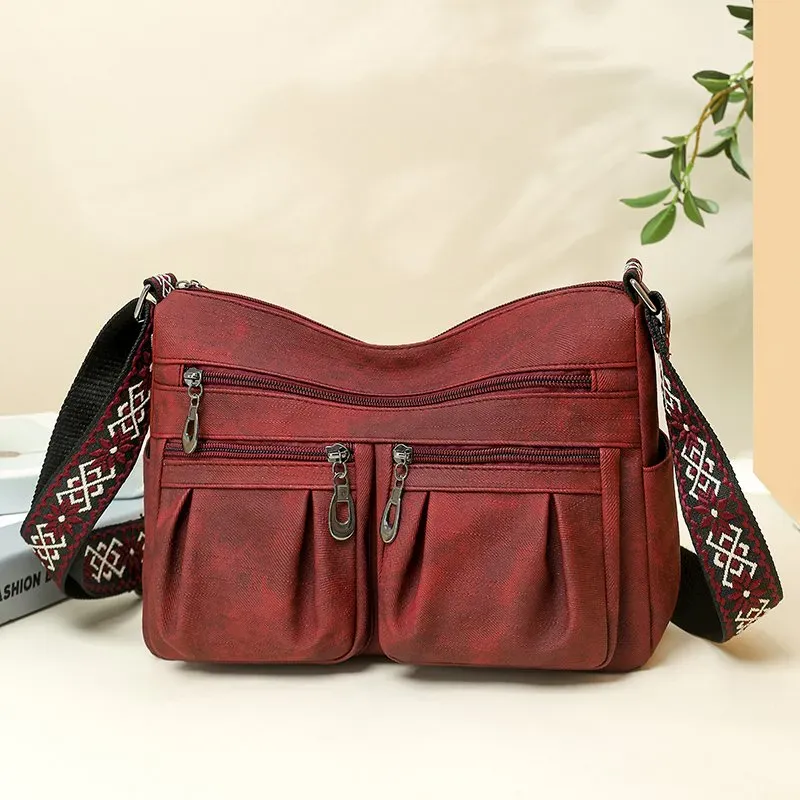 Tas Selempang Wanita Bahan Kain Polos Warna Merah Bentuk Kotak Tali Lebar Resleting Grosir