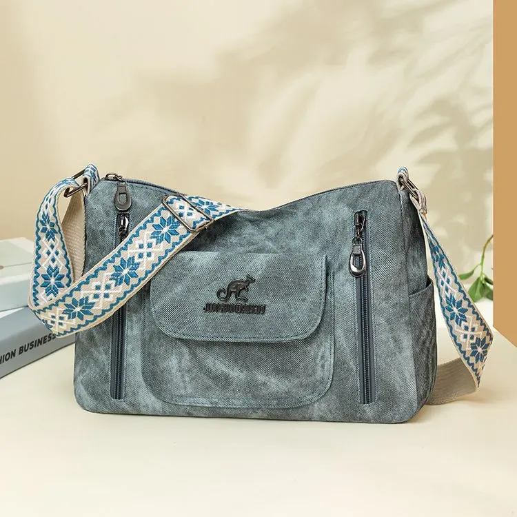 Tas Selempang Wanita Bahan PU Sintetis Motif Print Warna Abu-Abu Model Hobo Tali Grosir Import