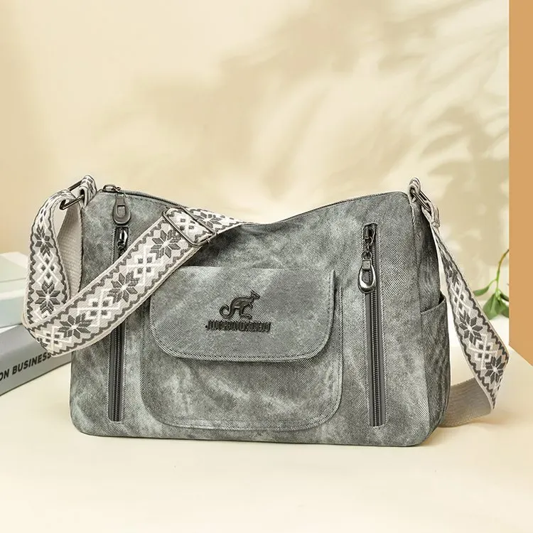 Tas Selempang Wanita Bahan PU Sintetis Motif Print Warna Abu-Abu Model Hobo Tali Grosir Import
