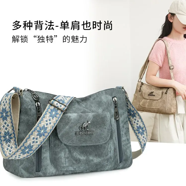 Tas Selempang Wanita Bahan PU Sintetis Motif Print Warna Abu-Abu Model Hobo Tali Grosir Import