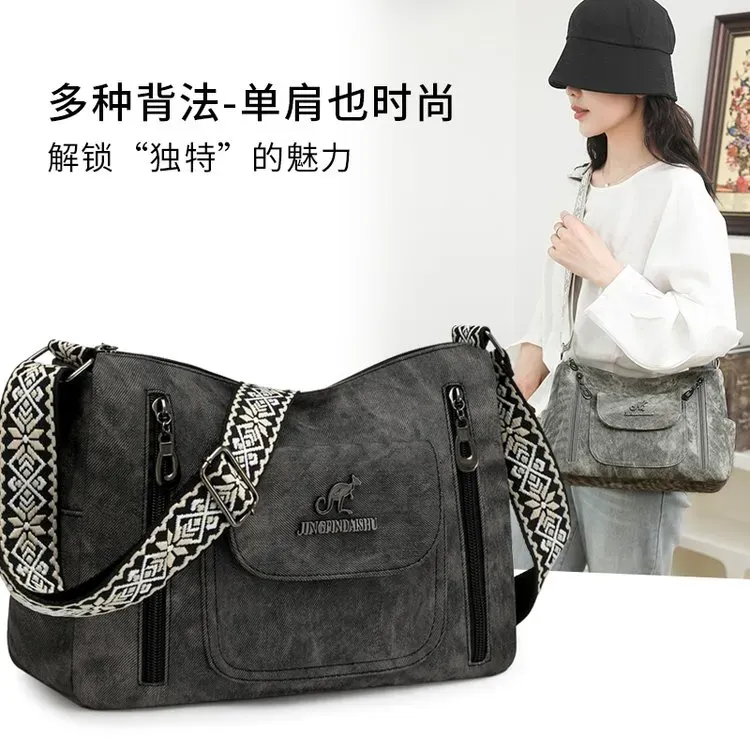 Tas Selempang Wanita Bahan PU Sintetis Motif Print Warna Abu-Abu Model Hobo Tali Grosir Import