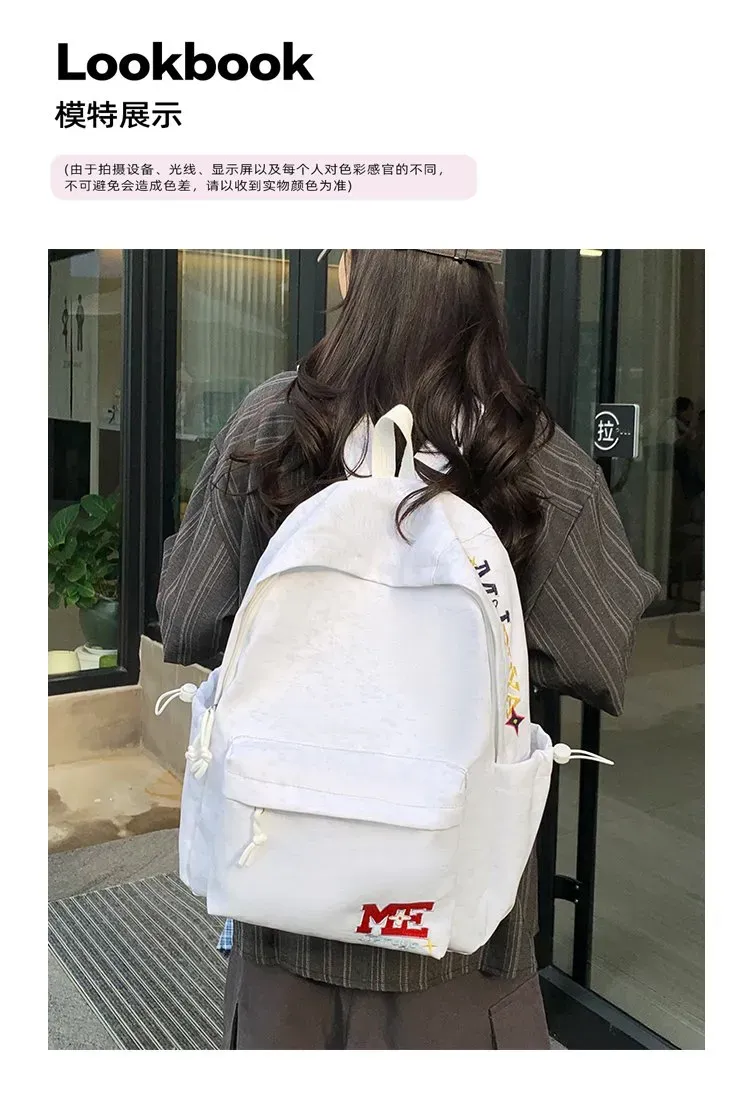 Tas Ransel Wanita Bahan Nylon Polos Warna Putih Bentuk Kotak Tali Lebar Resleting Koleksi
