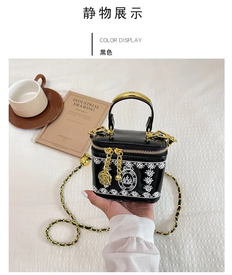 Tas Selempang Wanita Bahan PU Sintetis Motif Print Warna Hitam Bentuk Kotak Tali Resleting