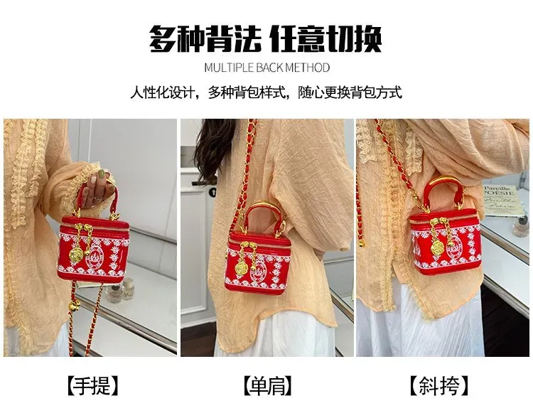 Tas Selempang Wanita Bahan PU Sintetis Motif Print Warna Hitam Bentuk Kotak Tali Resleting