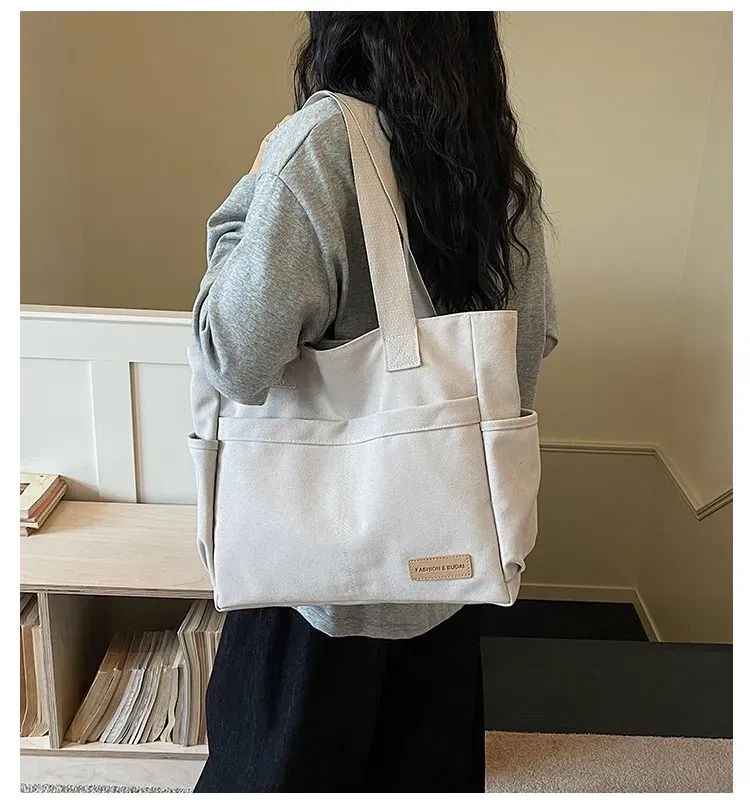 Tas Bahu Wanita Bahan Kanvas Polos Warna Abu-Abu Bentuk Kotak Tali Lebar Grosir Import