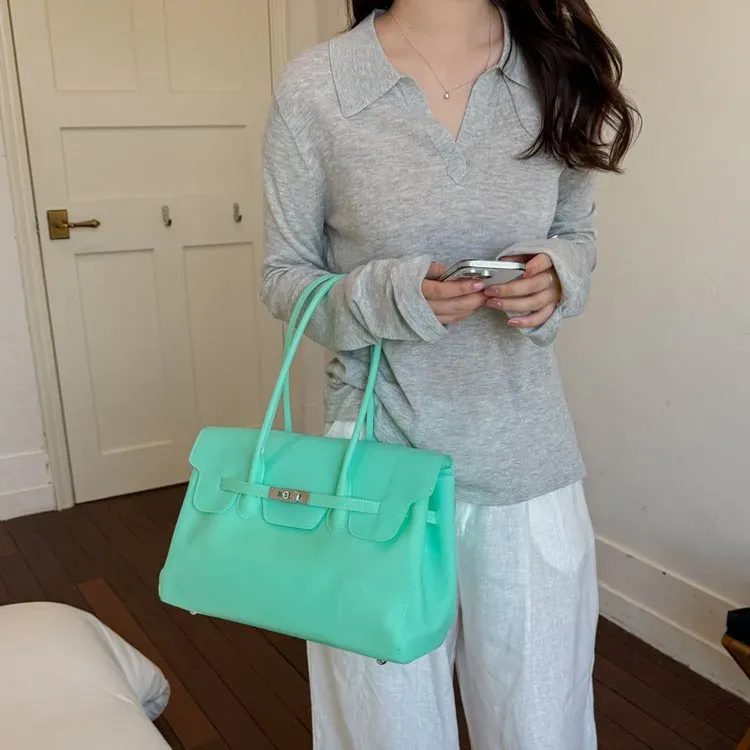 Tas Selempang Wanita Bahan PU Sintetis Polos Bentuk Kotak Tali Lebar Resleting Warna Biru