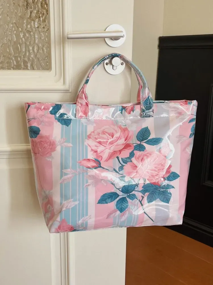 Tas Selempang Wanita Bahan PU Sintetis Motif Floral Warna Pink Bentuk Kotak Tali Pilihan