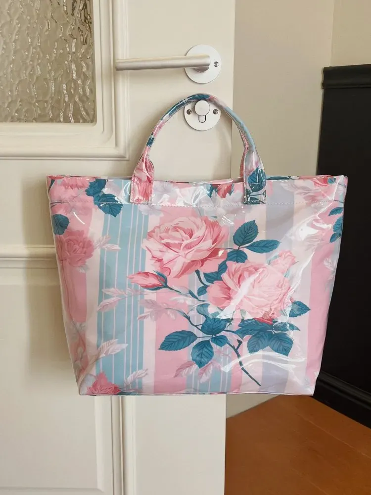 Tas Selempang Wanita Bahan PU Sintetis Motif Floral Warna Pink Bentuk Kotak Tali Pilihan