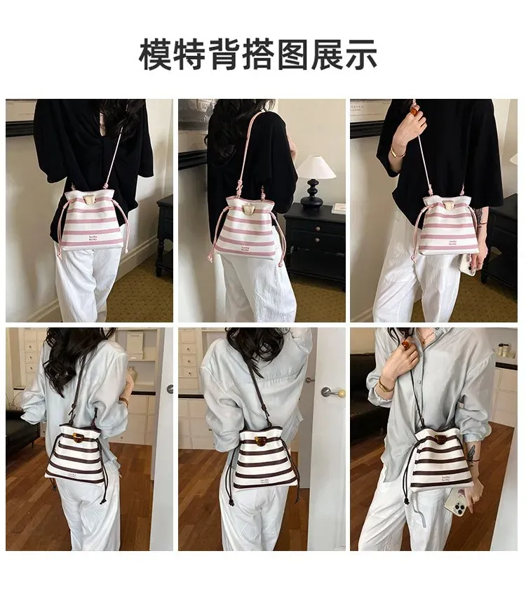 Tas Bucket Wanita Bahan PU Sintetis Motif Garis Warna Putih Bentuk Bucket Tali Grosir Import