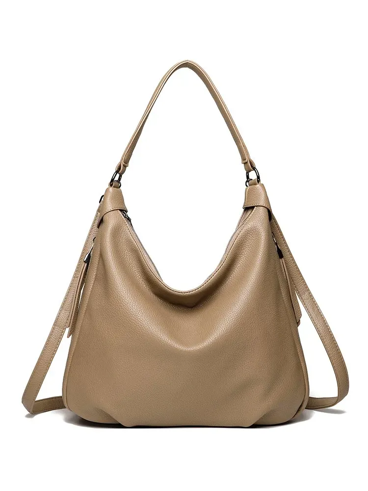Tas Selempang Wanita Bahan PU Sintetis Polos Model Hobo Tali Panjang Resleting untuk Reseller
