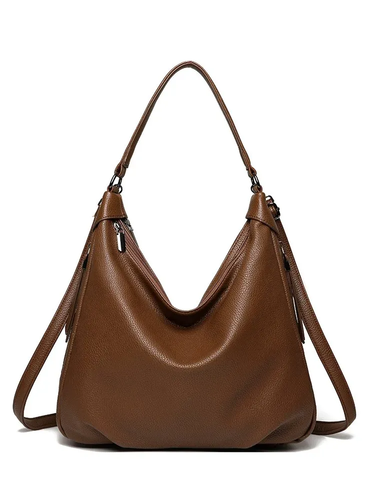 Tas Selempang Wanita Bahan PU Sintetis Polos Model Hobo Tali Panjang Resleting untuk Reseller