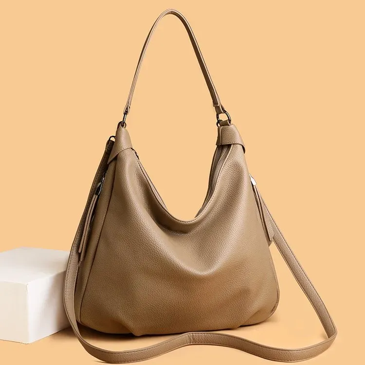 Tas Selempang Wanita Bahan PU Sintetis Polos Model Hobo Tali Panjang Resleting untuk Reseller