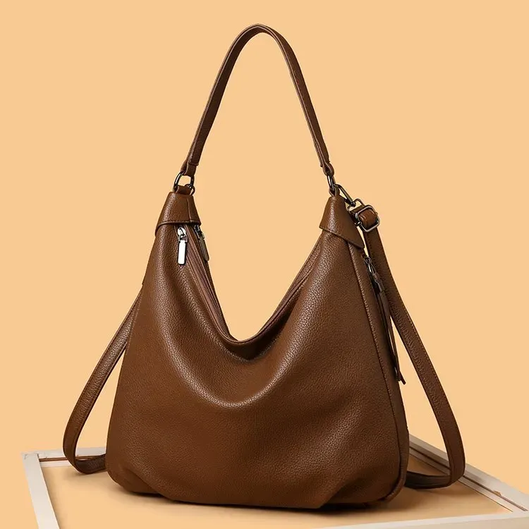 Tas Selempang Wanita Bahan PU Sintetis Polos Model Hobo Tali Panjang Resleting untuk Reseller