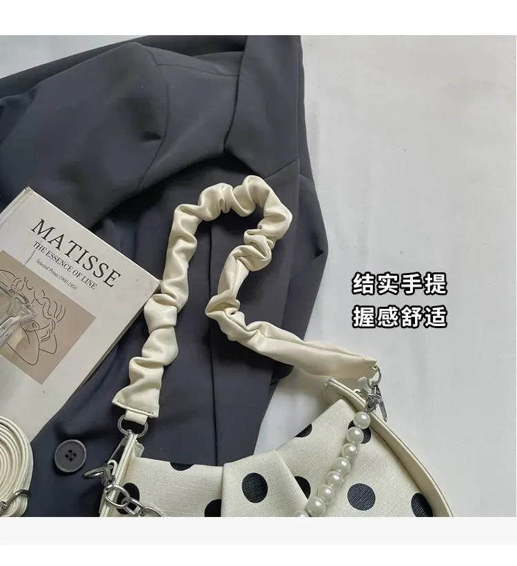 Tas Selempang Wanita Bahan PU Sintetis Motif Polkadot Bentuk Crescent Tali Resleting Grosir