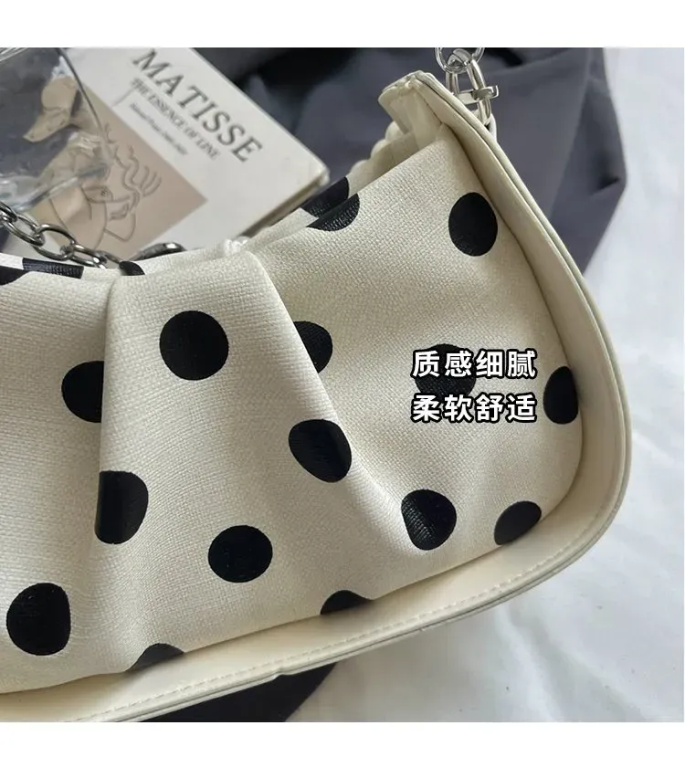 Tas Selempang Wanita Bahan PU Sintetis Motif Polkadot Bentuk Crescent Tali Resleting Grosir