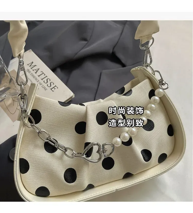 Tas Selempang Wanita Bahan PU Sintetis Motif Polkadot Bentuk Crescent Tali Resleting Grosir