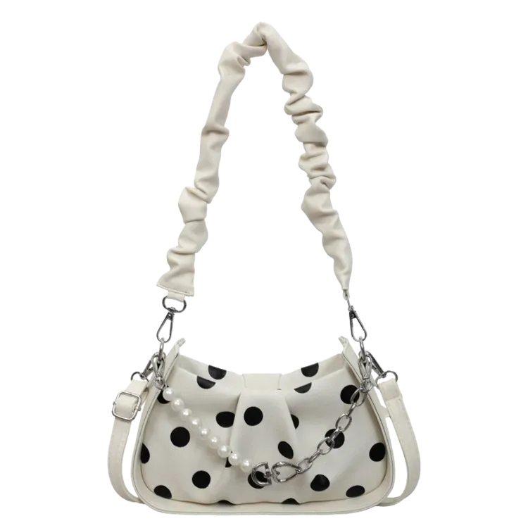 Tas Selempang Wanita Bahan PU Sintetis Motif Polkadot Bentuk Crescent Tali Resleting Grosir