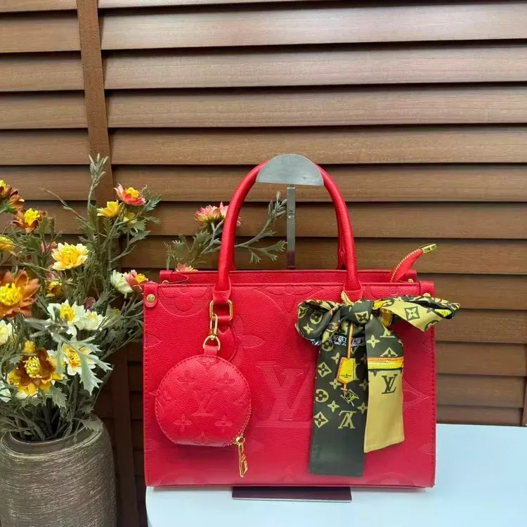 Tas Tote Wanita Bahan PU Sintetis Motif Print Warna Merah Bentuk Kotak Tali Grosir Import