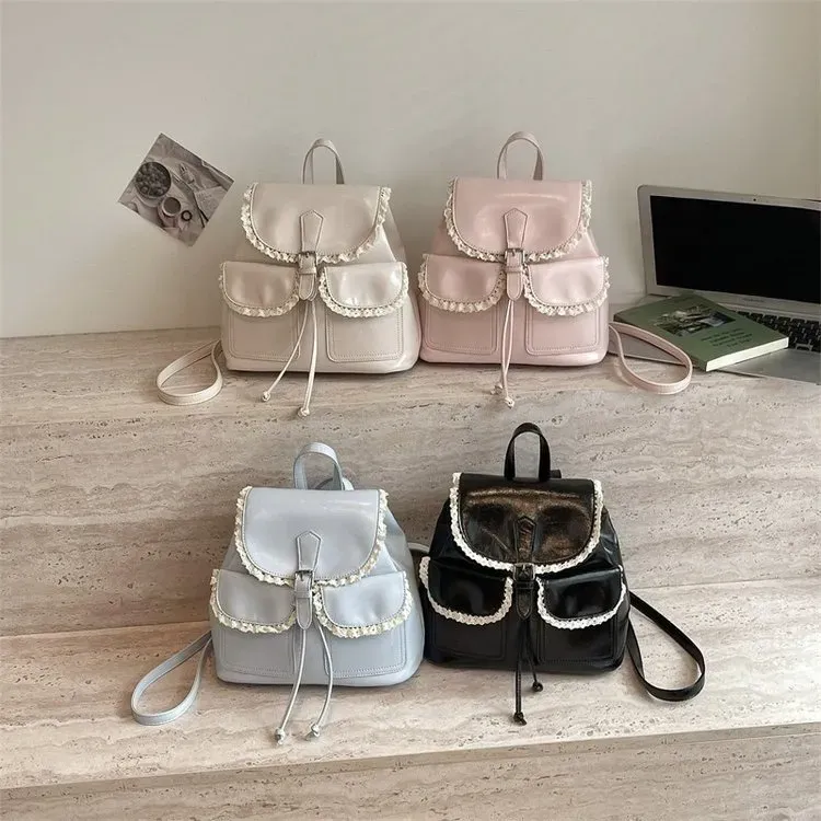 Tas Ransel Wanita Bahan PU Sintetis Polos Warna Putih Bentuk Kotak Tali Serut Grosir Import