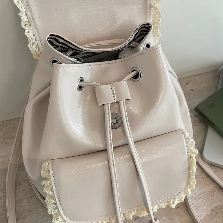 Tas Ransel Wanita Bahan PU Sintetis Polos Warna Putih Bentuk Kotak Tali Serut Grosir Import