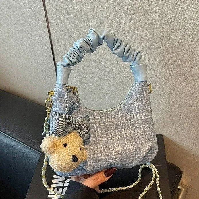 Tas Selempang Wanita Bahan Kain Motif Plaid Warna Biru Bentuk Crescent Tali Grosir Import kategori tas selempang grosir