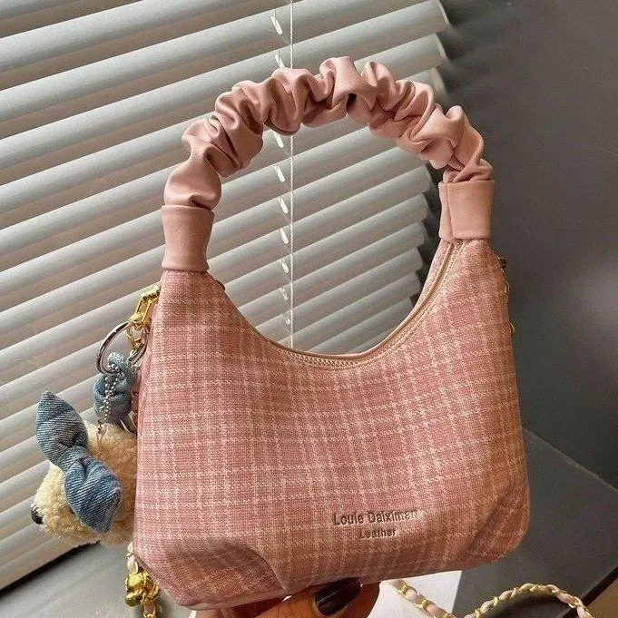 Tas Selempang Wanita Bahan Kain Motif Plaid Warna Biru Bentuk Crescent Tali Grosir Import
