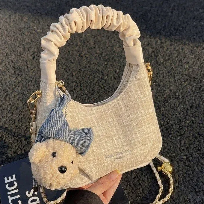 Tas Selempang Wanita Bahan Kain Motif Plaid Warna Biru Bentuk Crescent Tali Grosir Import