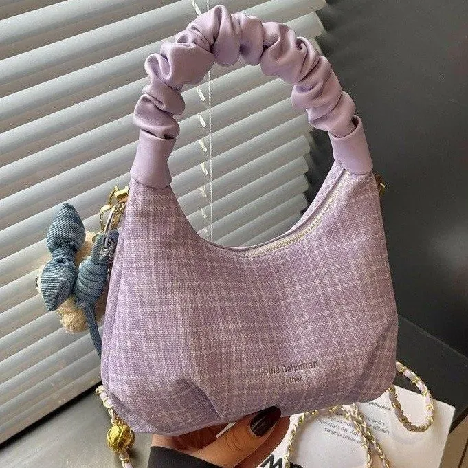 Tas Selempang Wanita Bahan Kain Motif Plaid Warna Biru Bentuk Crescent Tali Grosir Import