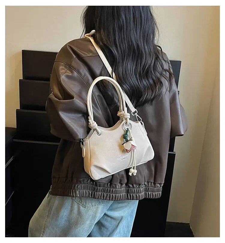 Tas Selempang Wanita Bahan PU Sintetis Polos Bentuk Kotak Tali Lebar Resleting Warna Cokelat