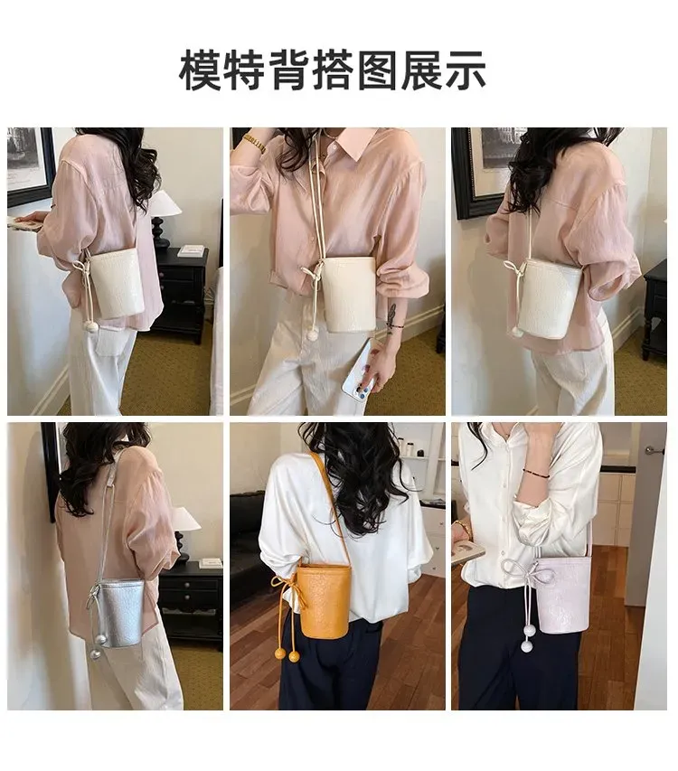 Tas Bucket Wanita Bahan PU Sintetis Polos Warna Hitam Bentuk Bucket Tali Panjang Model Import