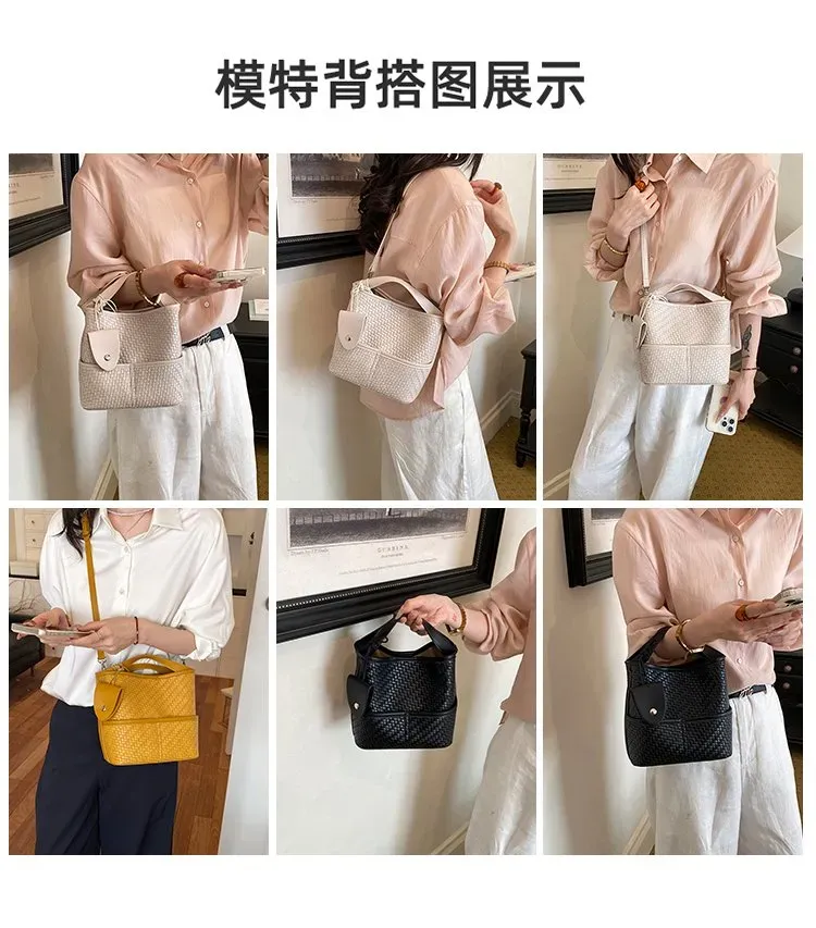 Tas Bucket Wanita Bahan PU Sintetis Tekstur Anyam Warna Hitam Bentuk Bucket Tali untuk Reseller