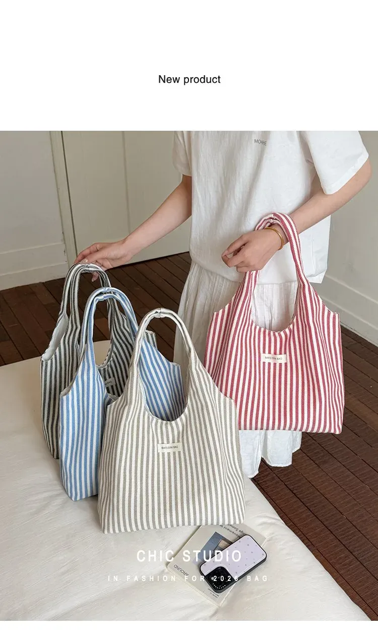 Tas Selempang Wanita Bahan PU Sintetis Motif Garis Warna Putih Model Hobo Tali Grosir Import