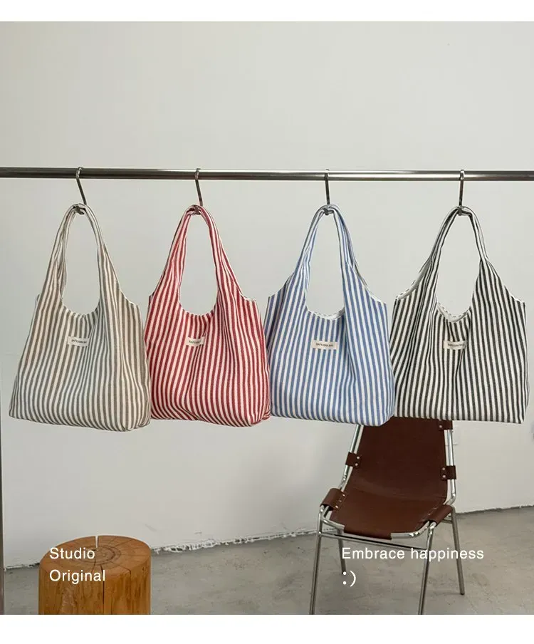 Tas Selempang Wanita Bahan PU Sintetis Motif Garis Warna Putih Model Hobo Tali Grosir Import