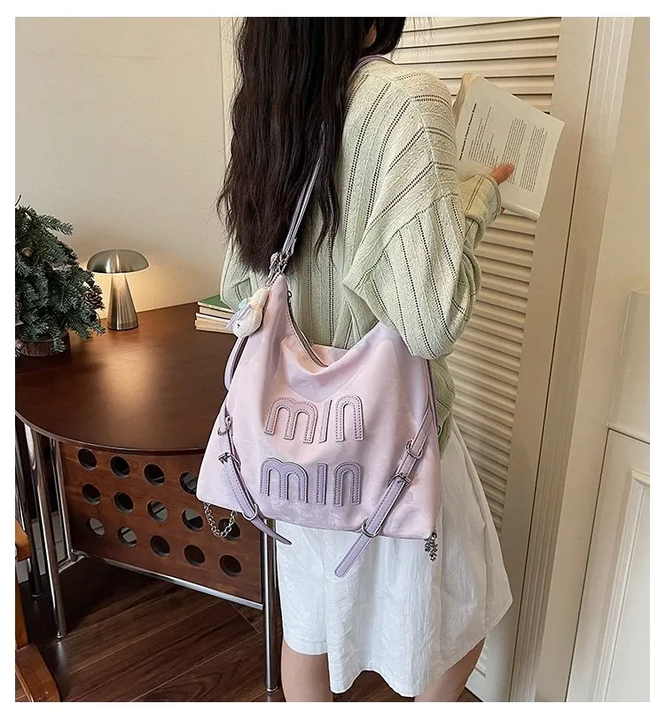 Tas Ransel Wanita Bahan PU Sintetis Polos Warna Pink Model Hobo Tali Lebar Grosir Import