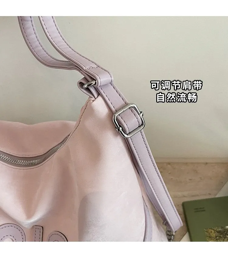 Tas Ransel Wanita Bahan PU Sintetis Polos Warna Pink Model Hobo Tali Lebar Grosir Import