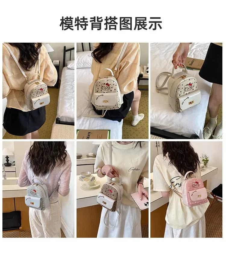 Tas Ransel Wanita Bahan PU Sintetis Motif Polkadot Warna Putih Bentuk Kotak Tali Motif Print