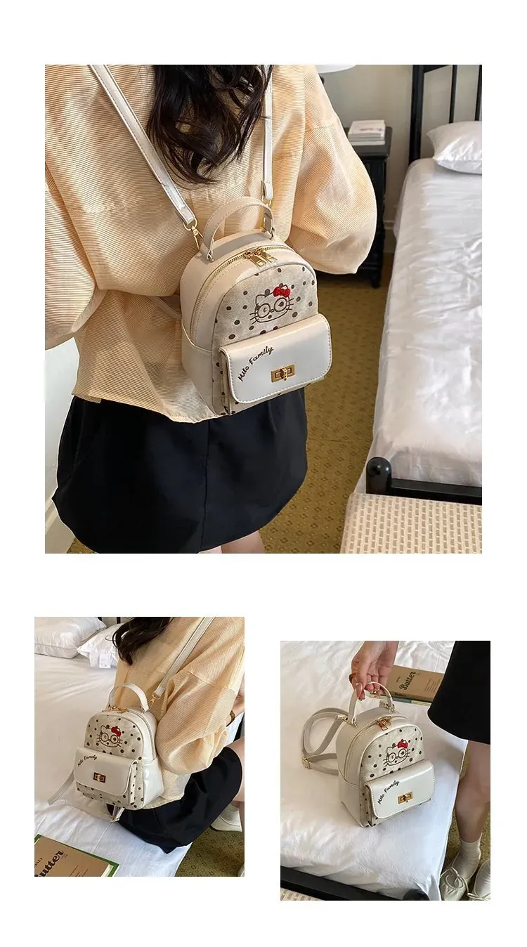 Tas Ransel Wanita Bahan PU Sintetis Motif Polkadot Warna Putih Bentuk Kotak Tali Motif Print