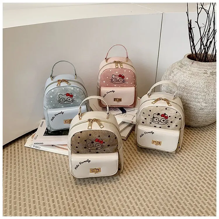 Tas Ransel Wanita Bahan PU Sintetis Motif Polkadot Warna Putih Bentuk Kotak Tali Motif Print