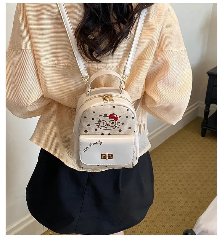 Tas Ransel Wanita Bahan PU Sintetis Motif Polkadot Warna Putih Bentuk Kotak Tali Motif Print