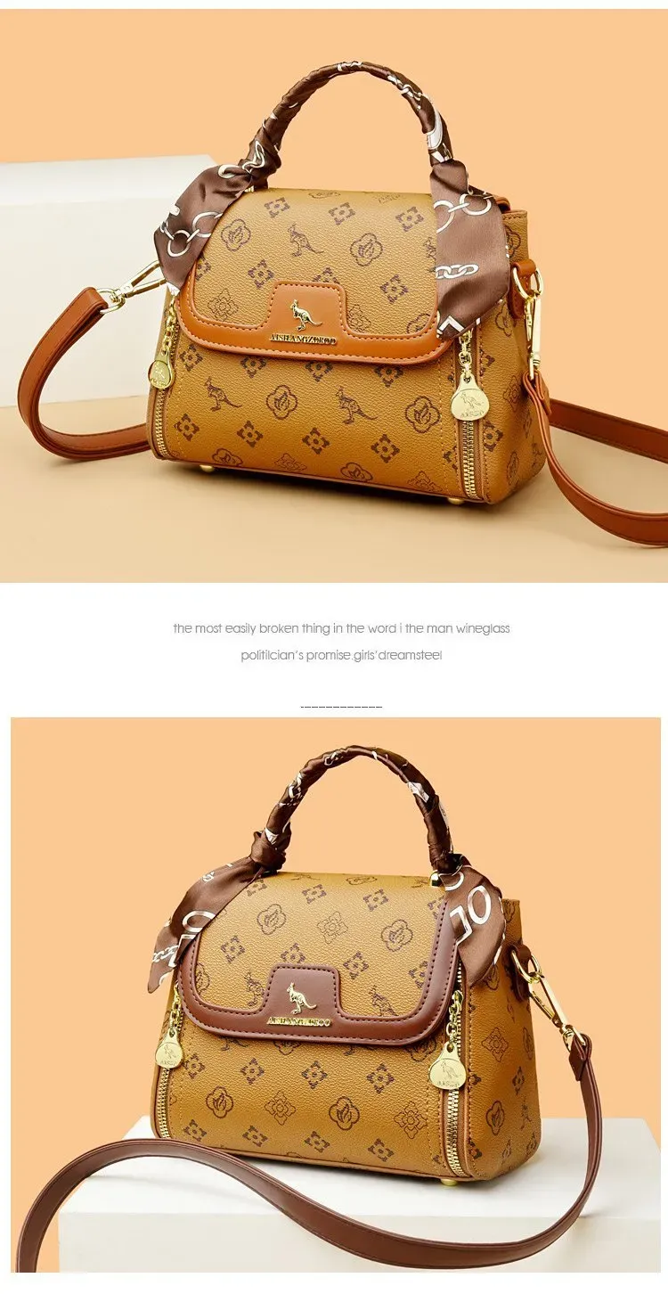 Tas Selempang Wanita Bahan PU Sintetis Motif Print Bentuk Kotak Tali Panjang Warna Kuning