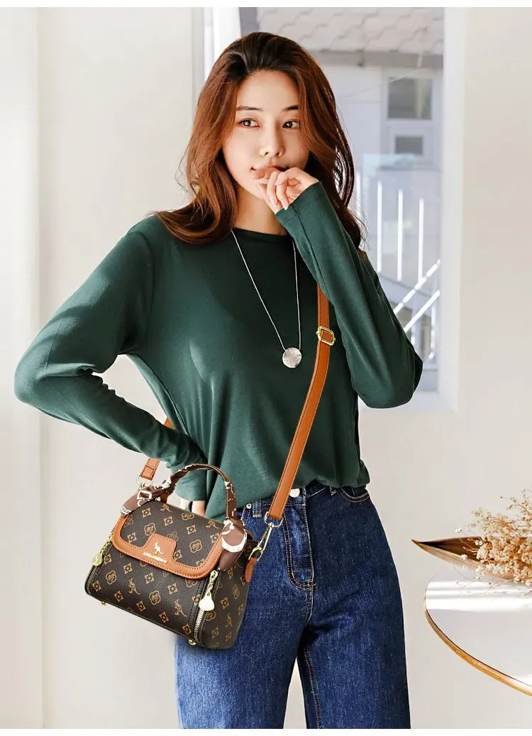 Tas Selempang Wanita Bahan PU Sintetis Motif Print Bentuk Kotak Tali Panjang Warna Kuning