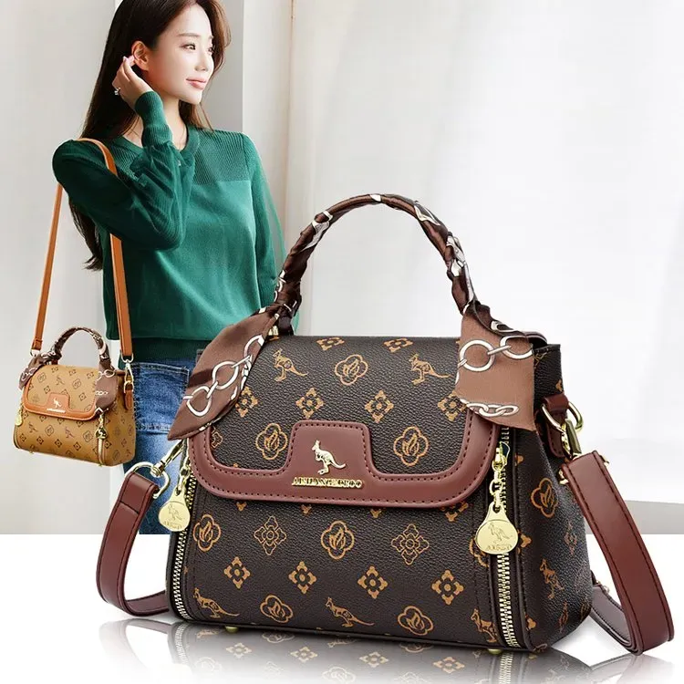 Tas Selempang Wanita Bahan PU Sintetis Motif Print Bentuk Kotak Tali Panjang Warna Kuning