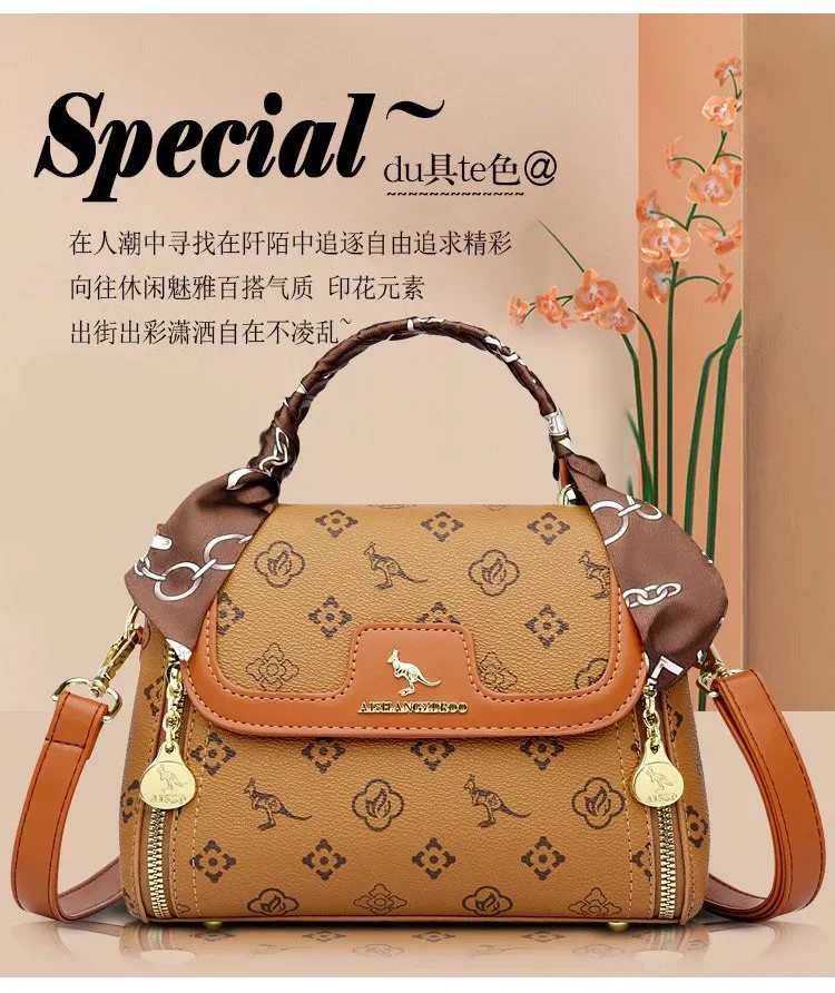 Tas Selempang Wanita Bahan PU Sintetis Motif Print Bentuk Kotak Tali Panjang Warna Kuning