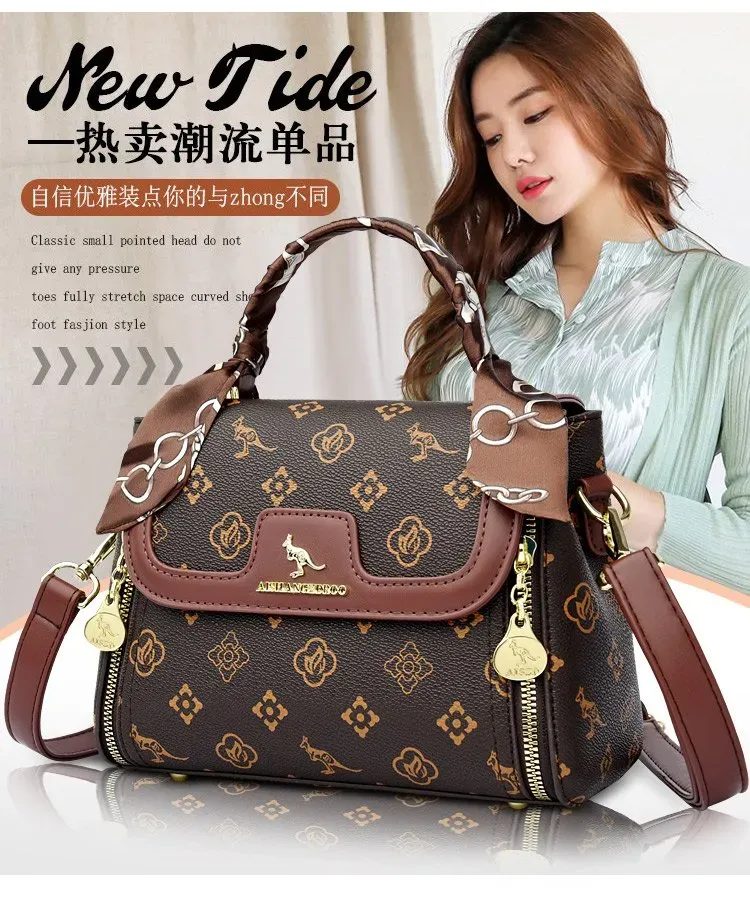 Tas Selempang Wanita Bahan PU Sintetis Motif Print Bentuk Kotak Tali Panjang Warna Kuning