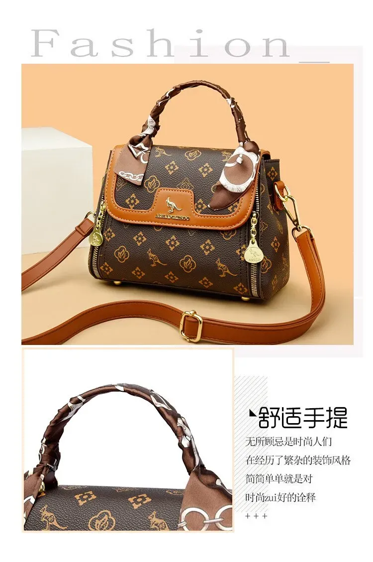 Tas Selempang Wanita Bahan PU Sintetis Motif Print Bentuk Kotak Tali Panjang Warna Kuning