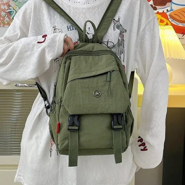 Tas Ransel Wanita Bahan Nylon Polos Warna Hijau Bentuk Kotak Tali Lebar Resleting Grosir Import