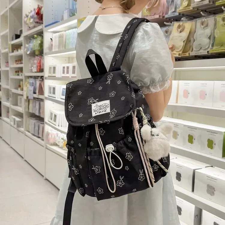 Tas Ransel Wanita Bahan Nylon Motif Print Warna Hitam Bentuk Kotak Tali Panjang Grosir Import