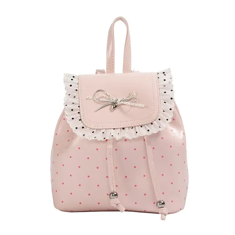 Tas Ransel Wanita Bahan PU Sintetis Motif Polkadot Warna Pink Bentuk Kotak Tali Grosir Import