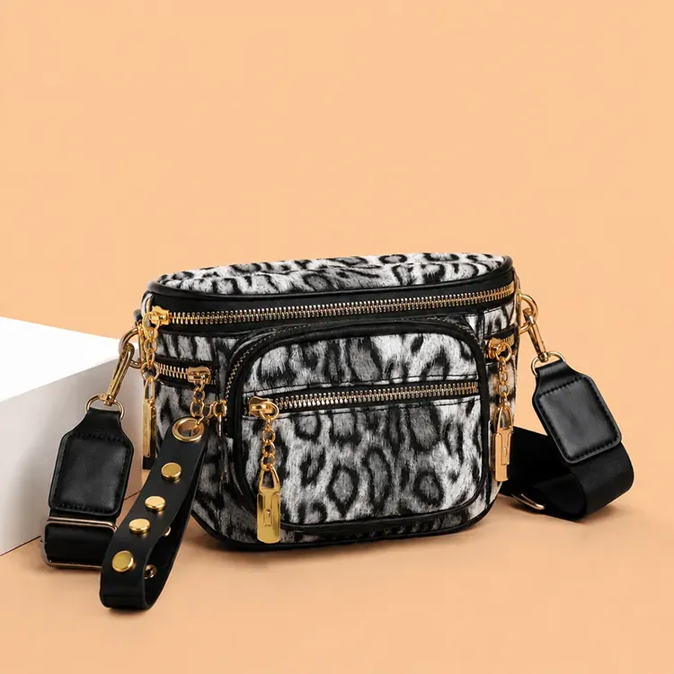 Tas Selempang Pria Motif Leopard Warna Biru Bentuk Kotak Tali Lebar Resleting Grosir Import
