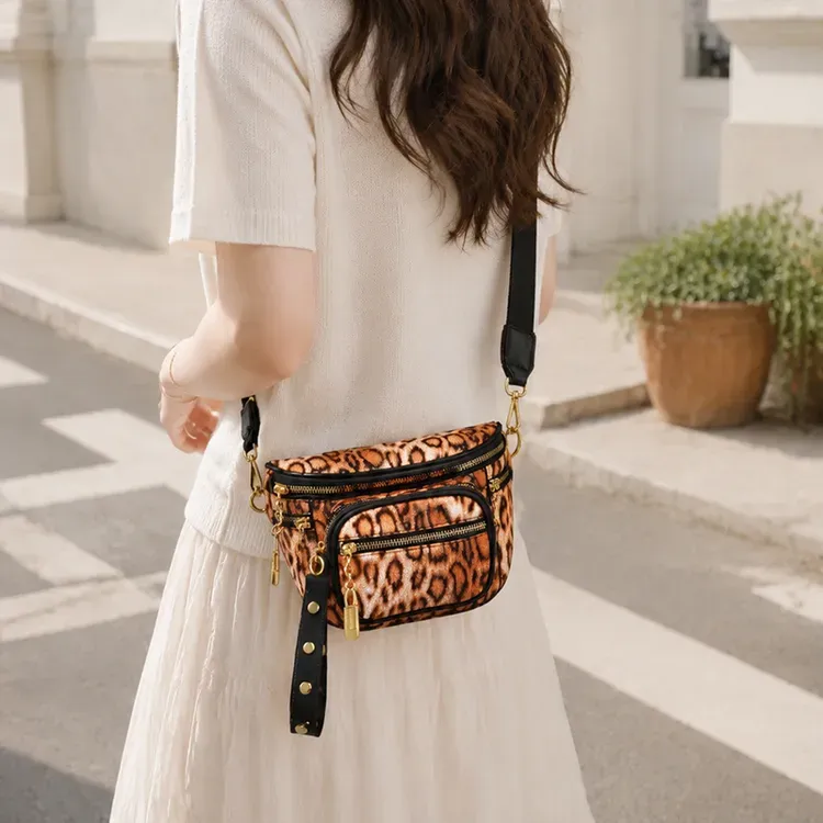 Tas Selempang Pria Motif Leopard Warna Biru Bentuk Kotak Tali Lebar Resleting Grosir Import